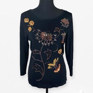 Sweaterworks Gorgeous Black Top blouse with Floral beaded Embroidery L